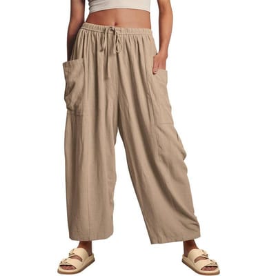 Zomer Dames Casual Losse Plissé Broek Strand Wijde Pijp Elastische Taille Katoen Linnen Uitlopende Palazzo Broek S kaki