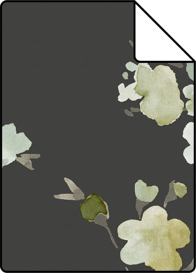 Proefstaal ESTAhome behang kersenbloesems groen, okergeel en zwart - 26.5 x 21 cm - 148719-S
