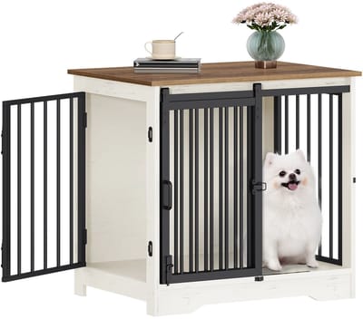 Hondenbench Meubel - uJOY - Bench Kast voor Hond - 2 Deuren - Wit Bruin - Past in Interieur - Stijlvolle Bijzettafel