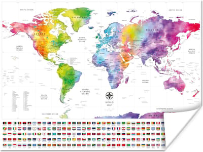 Poster - Wereldkaart - Waterverf - Regenboog - Vlag - 40x30 cm