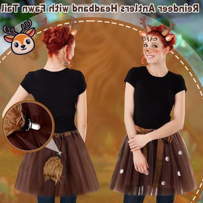 Dames Kerstkostuum met Rendier Hoofdband, Staart, Tule Rok en Tijdelijke Tattoos voor Halloween en Cosplay - 5 Delig Set