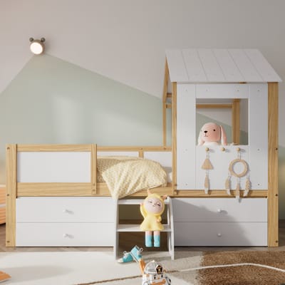 Kinderbedden - 90x200cm - Halfhoog Huisbed Met Dak, Raam, 4 Lades en Kleine Trap - 4-Zijdig Hek - Kiefer + MDF + Multiplex - Wit/Natuurlijk