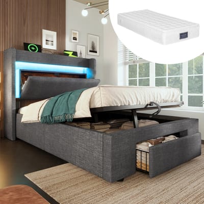 DESMIU Gestoffeerd Bed 90x200 cm - Hydraulisch Opbergbed Met Ledverlichting En Usb C Oplaadfunctie - Hoofdbord Met Opbergruimte - Grijs - Met Matras