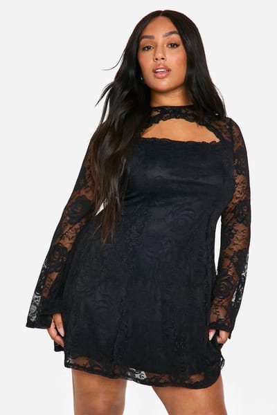 boohoo Dames Plus Lace Flared Sleeve Skater Dress | Zwart | Maat: 44