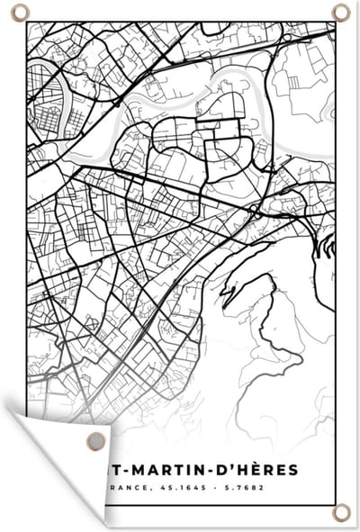 Muurdecoratie Stadskaart – Plattegrond – Kaart – Saint-Martin-d'Hères - Frankrijk - Zwart wit - 120x180 cm - Tuinposter - Tuindoek