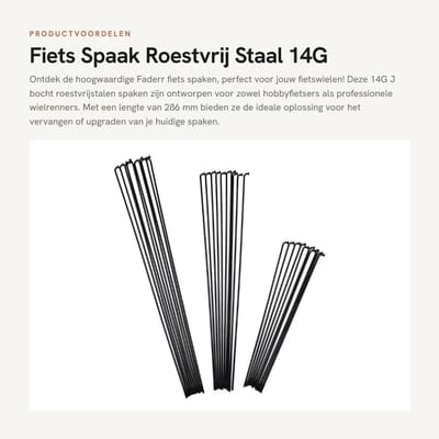 Dailygoods- Fietsspaken 10 stuks - 14G Roestvrij Staal - Zwarte Fietsspaken - Fietsaccessoires - Koperen Dop 12 mm - Lengte 286 mm - Fietsvelg