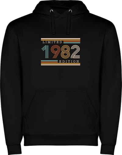 Zwarte unisex hoodie met “ Kleurrijke Limited Edition 1982 – Verjaardag – Leeftijd – Humor “ Print Full Color Color merk Roly maat S