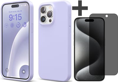 Hoesje met Privacy Screenprotector Geschikt voor iPhone 15 Pro Max Hoesje Siliconen - liquid case - Arara Backcover - Lila