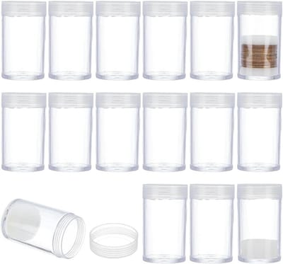 16 Stuks Ronde Transparante Plastic Munt Houder met Beschermende Spons, 33 x 56mm Collectietubes voor Munten, Herdenkingsmunten en Zeldzame Munten (Binnen Diameter 29mm)
