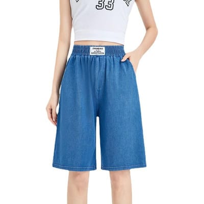 Tennis Denim Shorts voor Dames In de Zomer Dun Hoge Taille Los Slank Grote Maat IJszijde Vijfpunts Wijde Pijp A-lijn 2XL beige