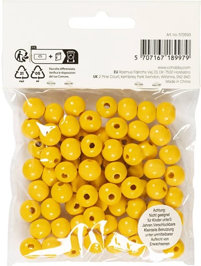 Houten Kralen, d 10 mm, gatgrootte 3 mm, ca. 70 stuk, geel, 20 gr/ 1 doos