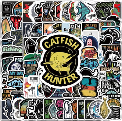 Stickers voor Hobbyvissers "Fishing Life" - 103 Stickers met Vissen, Aas, Hengels, Vissers teksten - Stickers voor viskoffer