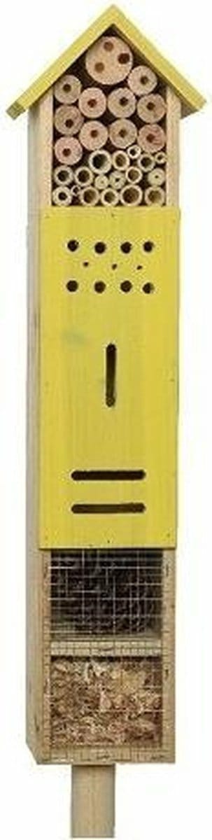 Decoris Insectenhotel huisje op paal/steker - geel - 118 cm