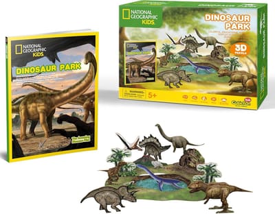Dinosaurus Park Puzzel - 3D Bouwpakket - Educatief Spel - Inclusief Boekje - 66x35x20cm - Groen Bruin Grijs
