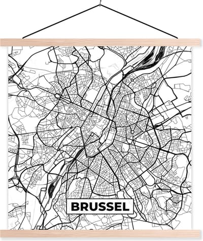 Posterhanger incl. Poster 40x40 cm - Schoolplaat - Plattegrond – Brussel – Zwart Wit – Stadskaart - Kaart - België - Textielposter - Blanke latten - Stadskaart