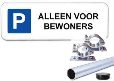 Parkeerbord Bewoners 3 - Weerbestendig Aluminium - 40x15 cm - Bevestiging: Met paal 120 cm + paalbeugels + paaldop