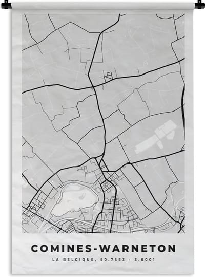 Wandkleed - Wanddoek - Zwart Wit – België – Plattegrond – Stadskaart – Kaart – Comines Warneton - 120x180 cm - Wandtapijt