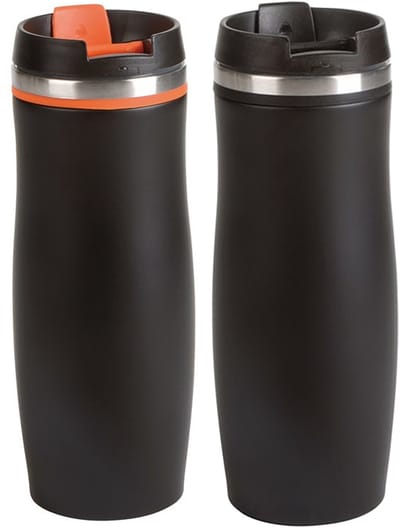 Thermosbekers - warmhoud drinkbekers - set 2x stuks - oranje en zwart - 400 ml - Isolerende drinkbekers - warme dranken - reisbekers