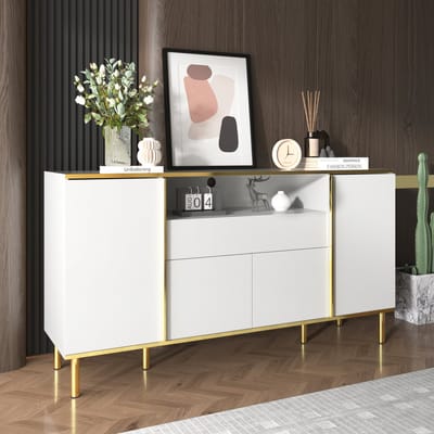 OKWISH Dressoir – Hoogglans – 4 Deuren – 1 Lade – Met LED-verlichting – Elegante Stijl Met Goudaccenten – MDF Wit – 150x40x80 cm