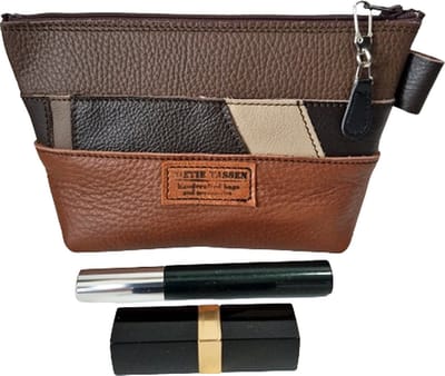 Toetie & Zo - Make-up tasje - Clutch - Leer - Bruin - Patchwork - Medicijnhoesje - Maat S - 20x13x8