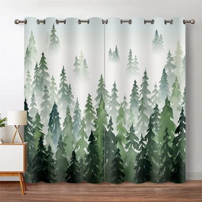 Rideaux de fenêtre Forêt Verte Aquarelle Silhouette d'arbre Paysage Nature Rideau Imprimé pour la Chambre à Coucher le Salon 150W166H(CM)59x65in&Hook