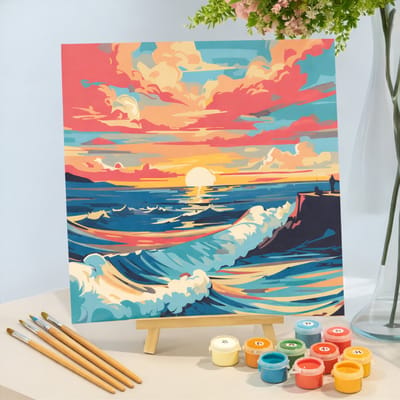 Nalovi - Schilderen op nummer - Zonsondergang zee - 20x20 cm - Compleet Pakket - Penselen & Ophangsysteem - Creatief en Ontspannend - Hobbypakket