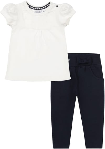 Dirkje kledingset - 2delig - Lange Blauwe broek met strikje - Wit shirt met kant - Maat 86