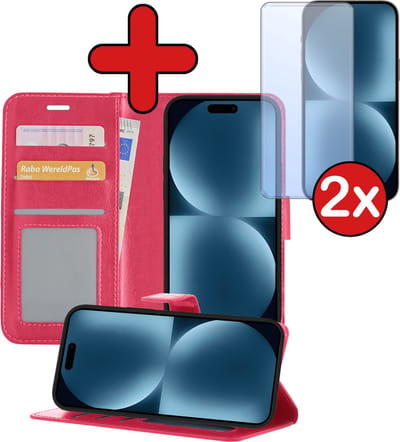 Hoesje - Met 2x Screenprotector - Geschikt voor Apple iPhone 15 - Luxe Pasjeshouder - Flip Case - Bookcase Portemonee - Kunstleer Book Case - Flipcase Hoes - Book Cover - Walletcase - Portemonneehoes - Telefoonhoes - Donkerroze