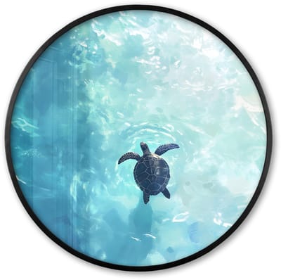 Poster in lijst Rond - Fotolijst 60x60 cm - Posters - Schildpad - Zee - Blauw - Schittering - Ronde posterlijst zwart - Decoratie - Wanddecoratie woonkamer - Muurdecoratie slaapkamer