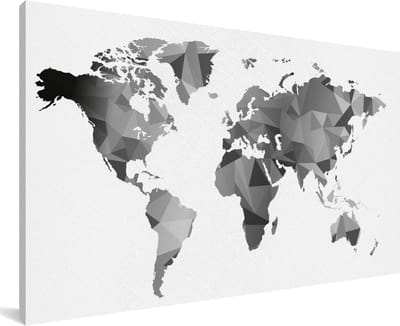 Grote wanddecoratie - Wereldkaart zwart - grijs - wit - canvas - 200x100 cm - XXL decoratie