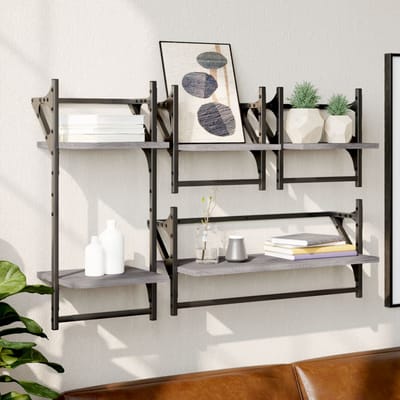 vidaXL - 4-delige - Wandschappenset - met - stangen - bewerkt - hout - grijs - sonoma