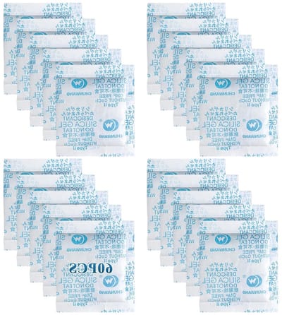 60 Stuks Silica Gel Zakjes van 10g, Vochtabsorberende Droogzakken voor Kasten, Lades en Tassen