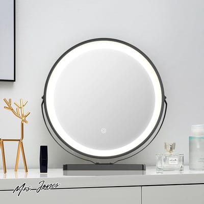 Mrs. Jones Ronde make-upspiegel 45 cm verlichte kaptafel spiegel draaiende make-up spiegel dimbare 3 modi LED-lichtstrips touchscreen (caleidoscoop zwart) .