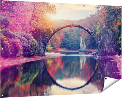 Gards Tuinposter Rakotz Brug in Duitsland in de Herfst - 150x100 cm - Tuindoek - Tuindecoratie - Wanddecoratie buiten - Tuinschilderij