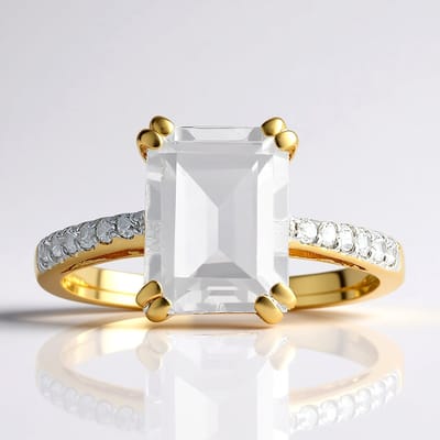 Cavill - Zilveren Ring Verguld 925 Sterling - 2 583 ct Witte Topaas Baguette Trapgeslepen - 2 736 ct Totaal Met Zirkonia - Elegante Damesring