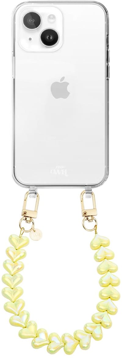 xoxo Wildhearts siliconen hoesje - Geschikt voor iPhone 15 Plus hoesje - Funky Hearts (Yellow Metallic) - Telefoonhoesje - Hoesje met koord - Geel koord - kort telefoonkoord - Hartjes ketting - Transparant hoesje