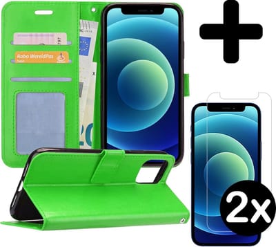 Hoesje - Met 2x Screenprotector - Geschikt voor Apple iPhone 12 - Luxe Pasjeshouder - Flip Case - Bookcase Portemonee - Kunstleer Book Case - Flipcase Hoes - Book Cover - Walletcase - Portemonneehoes - Telefoonhoes - Groen