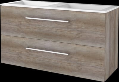 Basic Start 46 badmeubelset met onderkast met 2 lades, grepen en acryl wastafel met 2 kraangaten 120 x 46 cm, scotch oak