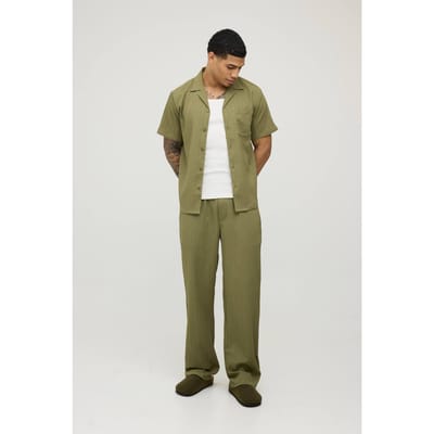 Regular Fit Shirt En Broek Set Met Diepe Revers En Onregelmatige Plooien | Olive | Size Small