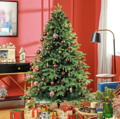 MEUNIQ kunstkerstboom 180 cm met scharnierconstructie, vlamvertragende takken en metalen standaard, voor binnen, groen, Ø122 cm