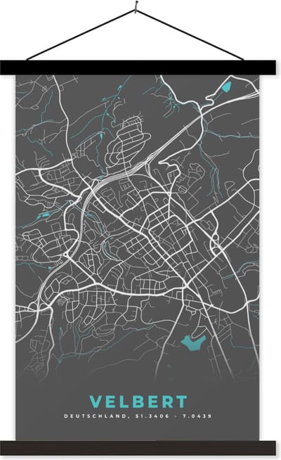 Posterhanger incl. Poster 40x60 cm - Schoolplaat - Plattegrond – Velbert – Blauw – Stadskaart – Kaart - Duitsland - Textielposter - Zwarte latten - Stadskaart