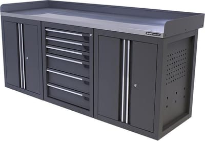 Kraftmeister werkbank 200 cm - Werktafel met 6 laden, 2 opbergkasten en RVS werkblad - Grijs