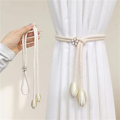 1 Attaches de rideaux tressées à la main ajustables avec petits draps métalliques - Taille universelle sans perforation Sangle de rideau élastique Other ivoire
