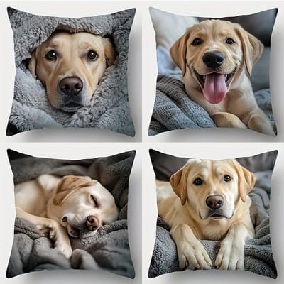 4-delige set bedrukte kussenslopen, patroon met Labrador-thema, ontspannen sfeer, perfect voor hondenliefhebbers als woondecoratie. Inzetstuk niet inbegrepen 45x45cm