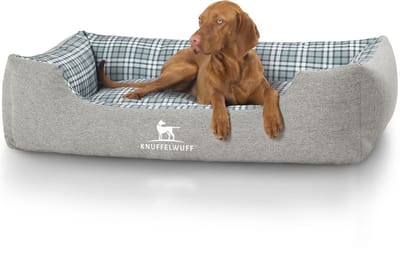 Knuffelwuff Hondenbed Lennard van velours met ruitpatroon XL 105 x 75cm grijs/groen