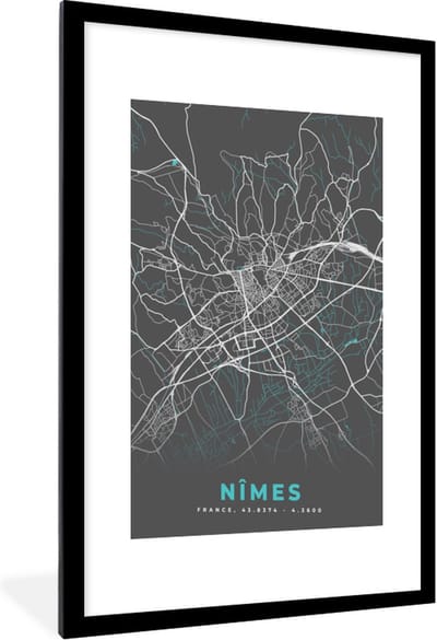 Fotolijst incl. Poster - Frankrijk - Stadskaart - Kaart - Plattegrond - Nîmes - 60x90 cm - Posterlijst