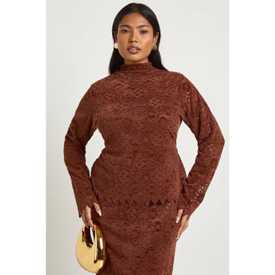 boohoo Dames Plus Premium Kanten Hoge Hals Lange Mouw Top | Chocolate | Maat: 16