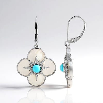 Cavill - Zilveren Oorbellen 925 Sterling Zilver - Sleeping Beauty Turkoois 0.54 ct - Parelmoer Fancy 18.8 mm - Elegant Bloemig 36 mm