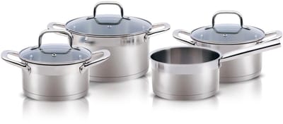 Alpina Inductie Pannenset 4‑delig – RVS Kookpotten met Glazen Deksel – Kookpottenset Geschikt voor Alle Warmtebronnen – Kookpotten set - Potten en Pannen Set