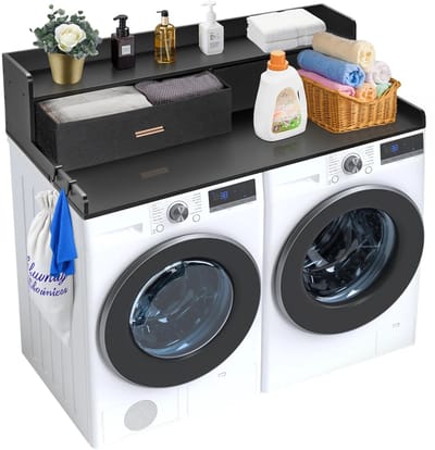 Damenzo - Wasmachine werkblad - Wasdroger aanrecht - Met 2 lades - Organizer - Wasmachine rek - 137 x 70 x 30,5 cm - Zwart